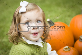 Adorable Young Child Girl Enjoying the Pumpkins at the Pumpkin Patch.