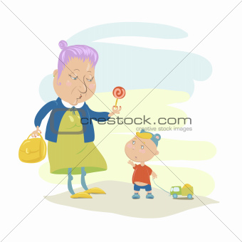 Old Woman Giving Lollypop to a Boy