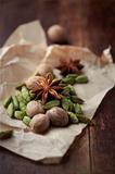 Cardamon pods, star anise and nutmeg