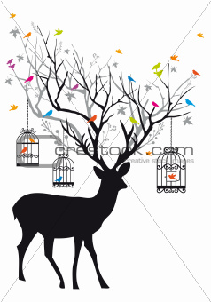 Deer with birds and birdcages, vector