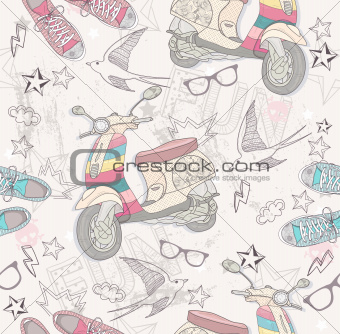 Cute grunge abstract pattern. Seamless pattern with retro scooter