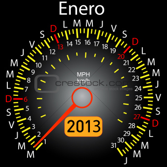 2013 year calendar speedometer car in Spanish. January