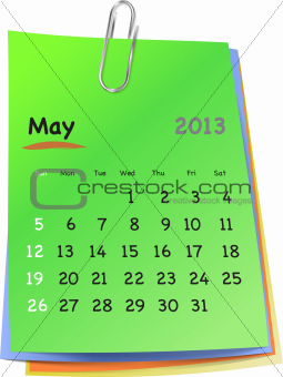 Calendar for may 2013 on colorful sticky notes
