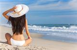 Sexy Woman Girl Sitting Sun Hat & Bikini on Beach