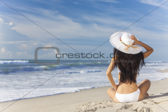 Sexy Woman Girl Sitting Sun Hat & Bikini on Beach