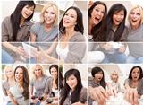Montage Three Beautiful Women Friends at Home Together