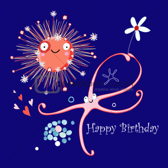 funny card with starfish and sea urchin