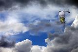 Freestyle ski jumper with crossed skis against cloudy sky