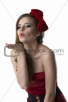 pretty girl with red dress turned of three quarters