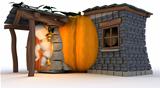 Man in Halloween Pumpkin Cottage