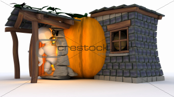 Man in Halloween Pumpkin Cottage