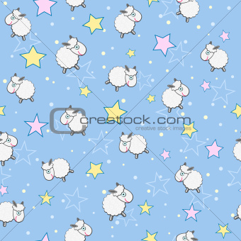 Sheeps in Star Sky Seamless Pattern