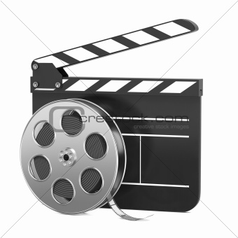 Clapboard and Film Reel with Film.