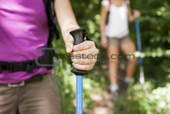 young women trekking in forest and holding stick