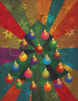 Christmas Tree with Ornaments on Rays Background