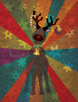 Christmas Reindeer with Bells on Rays Background
