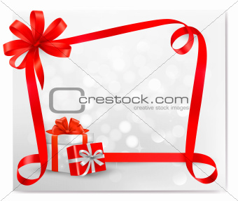 Holiday background with red gift bow with gift boxes