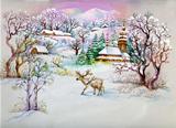 Watercolor Landscape Collection: Winter Village Life