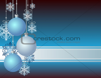 Blue Christmas card with Christmas balls and snowflakes