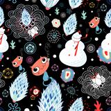 floral texture with snowmen and cats