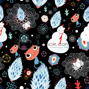 floral texture with snowmen and cats