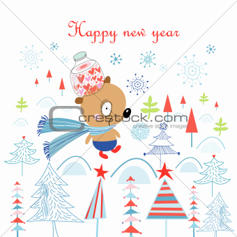 Christmas card with a bear in the woods