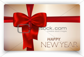 Happy New Year card with red bow and red ribbon