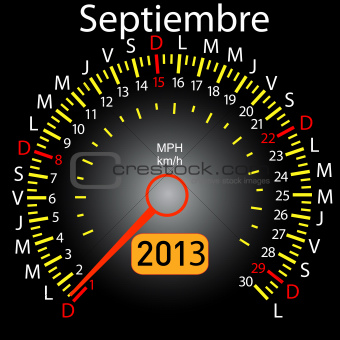 2013 year calendar speedometer car in Spanish. September