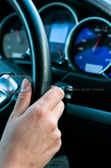 Woman holds the steering wheel