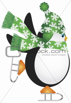 Penguin with Green Hat Ice Skating Illustration