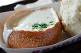 Clam chowder in a bread bowl