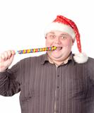 Cheerful fat man in Santa hat
