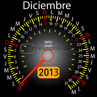 2013 year calendar speedometer car in Spanish. December