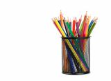 color pencils in a pail