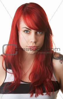 Cynical Lady in Striped Shirt and Red Hair