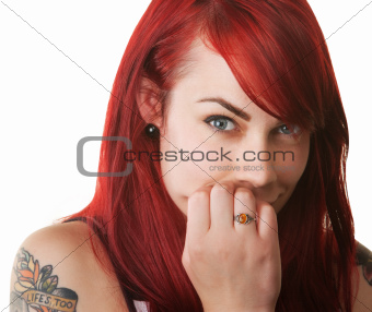 Nervous Lady with Hand on Mouth
