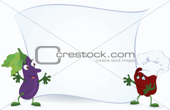 Eggplant-and-bell-pepper-are-holding-promotion-board