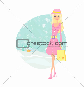 fashion winter girl with shopping bags
