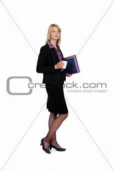 Woman with coffee cup and folders