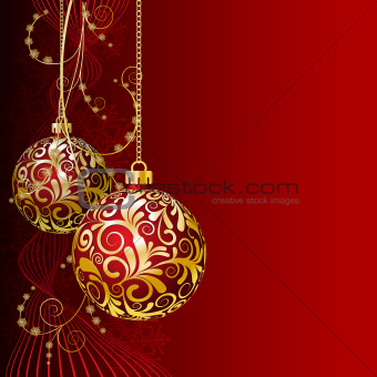 Red Christmas card with Christmas balls and snowflakes