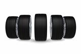 Perspective view of five new car wheels isolated on the white background