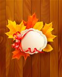 Card with leaves with a bow on wooden background. Vector.