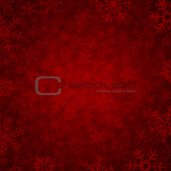 red winter background with beautiful various snowflakes