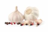 Garlic and spices isolated on white background