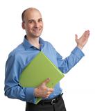 Smiling businessman pointing hand at copy space isolated on whit