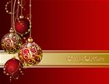 Red Christmas card with Christmas balls and snowflakes