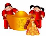 Chinese Boy and Girl Holding Big Gold Bar  with Snake Illustrati