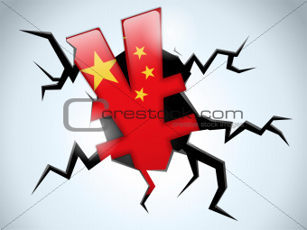 Yuan Yen Money Crisis China Flag Crack on the Floor