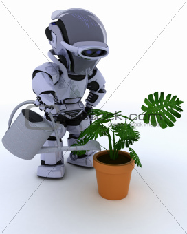 Robot with  watering can feeding a plant