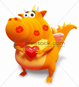 Orange dragon with red heart and kisses, isolated on white